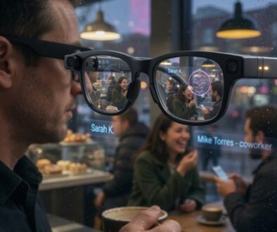 Person wearing Meta Ray-Ban smart glasses with facial recognition interface overlay showing names